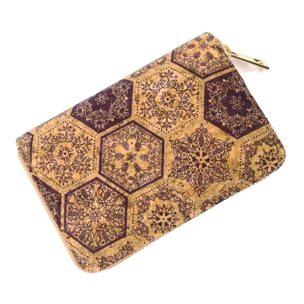 Portugal Tile Pattern Natural Cork Short Card Wallets for Women Vegan Leather Purse