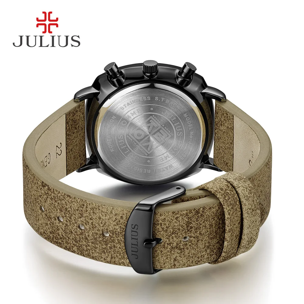 JULIUS Real Chronograph Men\'s Business Watch 3 Dials Leather Band Square Face Quartz Wristwatch High Quality Watch Gift JAH-098