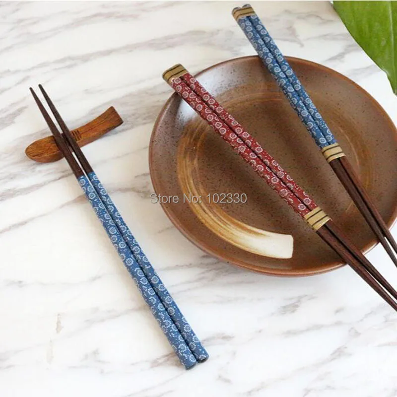 100 Pairs Japan Style Natural Wooden Sushi Chopsticks Pointed Red And Blue Decals Indonesia Ironwood Household Tableware