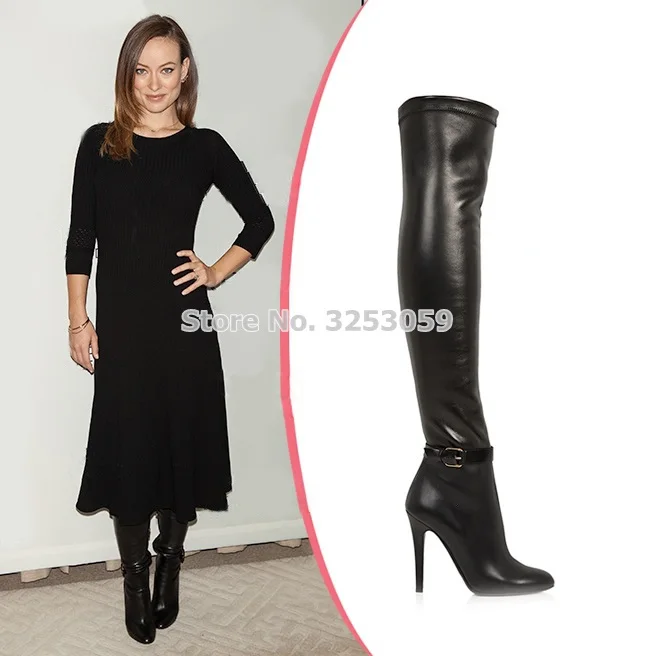 ALMUDENA Slim Fit Black Elastic Leather Skinny Long Boots Over-the-knee Buckle Strap Tall Boots Daily Dress Shoes Dropship