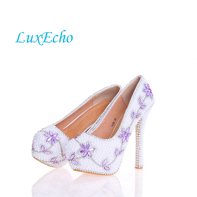 LuxEcho Women white pearl Lavender stone wedding shoes Bride fashion shoes woman High heels Platform shoes real leather insole