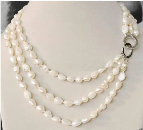 

beautiful Jewelry Rare Huge Freshwater 3 Rows 7-8mm real baroque white freshwater pearl jewelry necklace Genuine Selling Huge