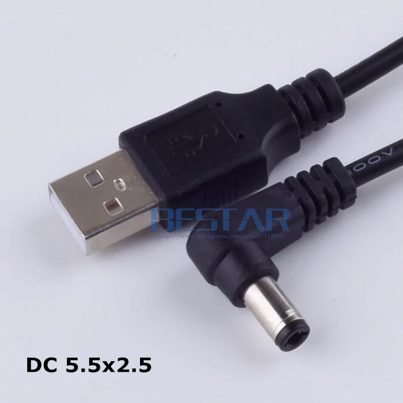 Black DC power plug USB convert to 5.5*2.5mm/DC 5525 L Shape Jack 5.5 mm x 2.5 mm 5.5x2.5mm Elbow right angle charging cable 1m