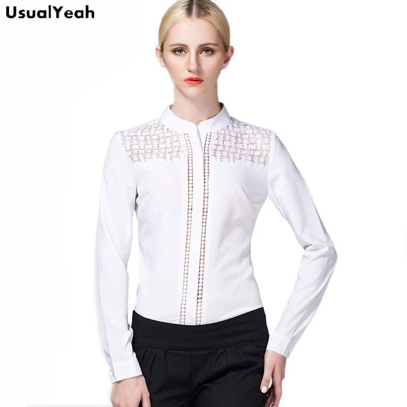 UsualYeah  New Women Fashion OL Body Blouse Shirt Long Sleeve White Lace Workwear blusas femininas S-XXL SY0327