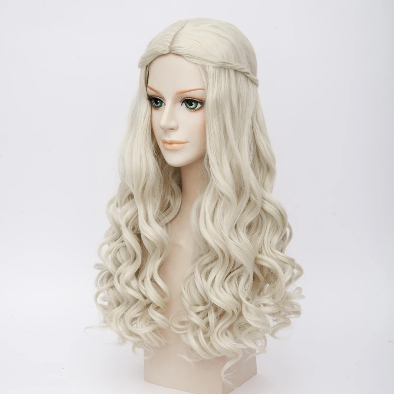 Peluca de Cosplay de Reina blanca de Alicia en el país de las Maravillas, pelo sintético trenzado largo ondulado rubio, fibra resistente al calor + gorro de peluca