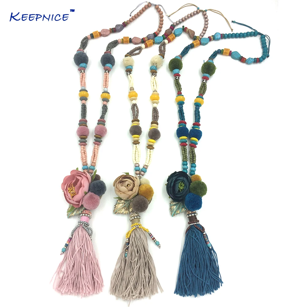 

New Handmade Bohemia Jewelry Rose Flower Pendant Necklace Beaded Chain Retro Pompoms Tassel Pendants Necklace Long Fringe Tassel