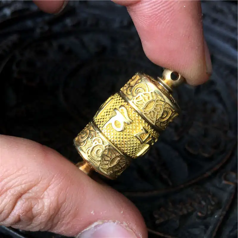 TGB231 Tibetan Newly Golden Mantra Prayer Wheel Box Mani Amulet Pendant