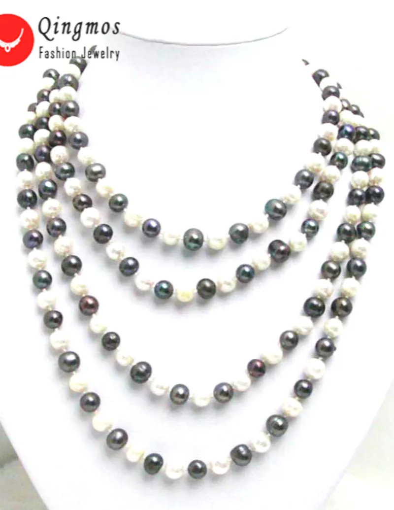 Qingmos White & Black Freshwater Natural Pearl Necklace for Women with 6-7mm Round Pearl 80