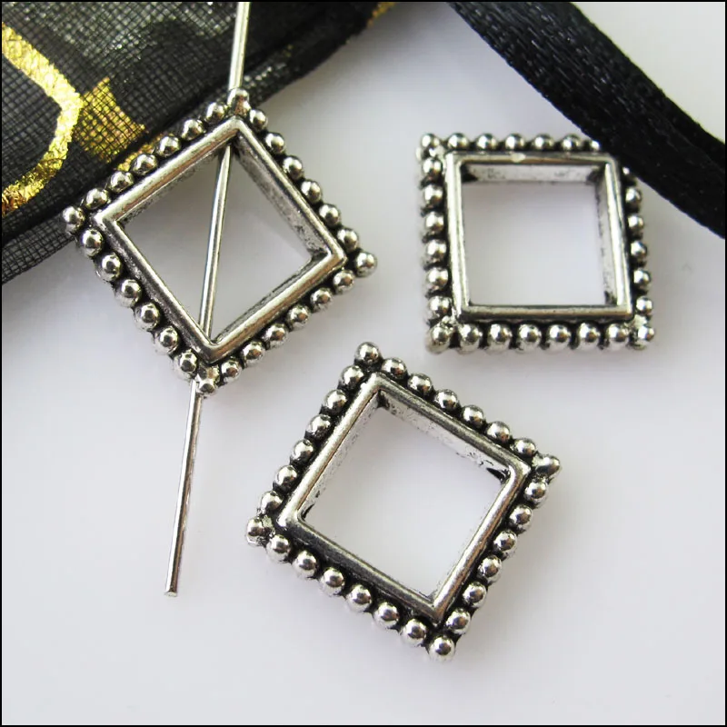 16Pcs Antiqued Silver Color Square Circle Spacer Beads Frame Charms 13mm