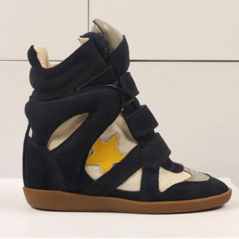 Landasan Pacu Fashion Tak Terlihat Wedge Sepatu Kulit Suede Ankle Boots Sneakers Campuran Warna Tinggi Atas Sepatu Kasual Musim Gugur Musim Dingin