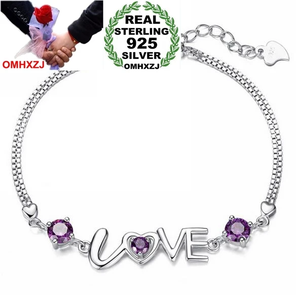 

OMHXZJ Wholesale Fashion present High Quality AAA zircon Amethyst 925 Sterling Silver Romantic Love Women Bracelets Bangles SZ29