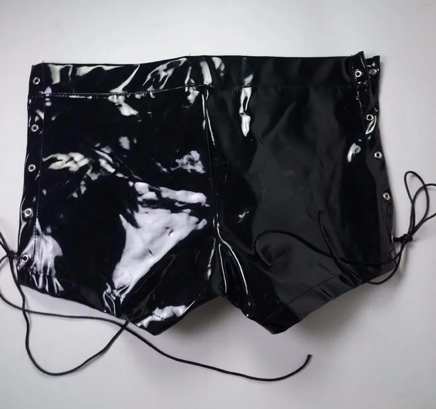 S-5XL Boxer Sexy con cremallera en la entrepierna para hombre, disfraces fetiche de piel sintética con aspecto húmedo de PVC, pantalones cortos de