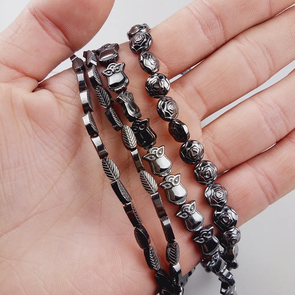 WLYeeS Special-shaped Hematite beads Leaves Owls Roses Black Natural stone Spacer Loose Beads for DIY Jewelry Bracelet Making