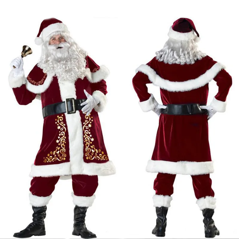 M-XXXL  2019 New Deluxe Velvet Christmas Santa Claus Suit Adult Mens Costume gloves + shawl+hat+clothes+belt+Foot cover+gloves