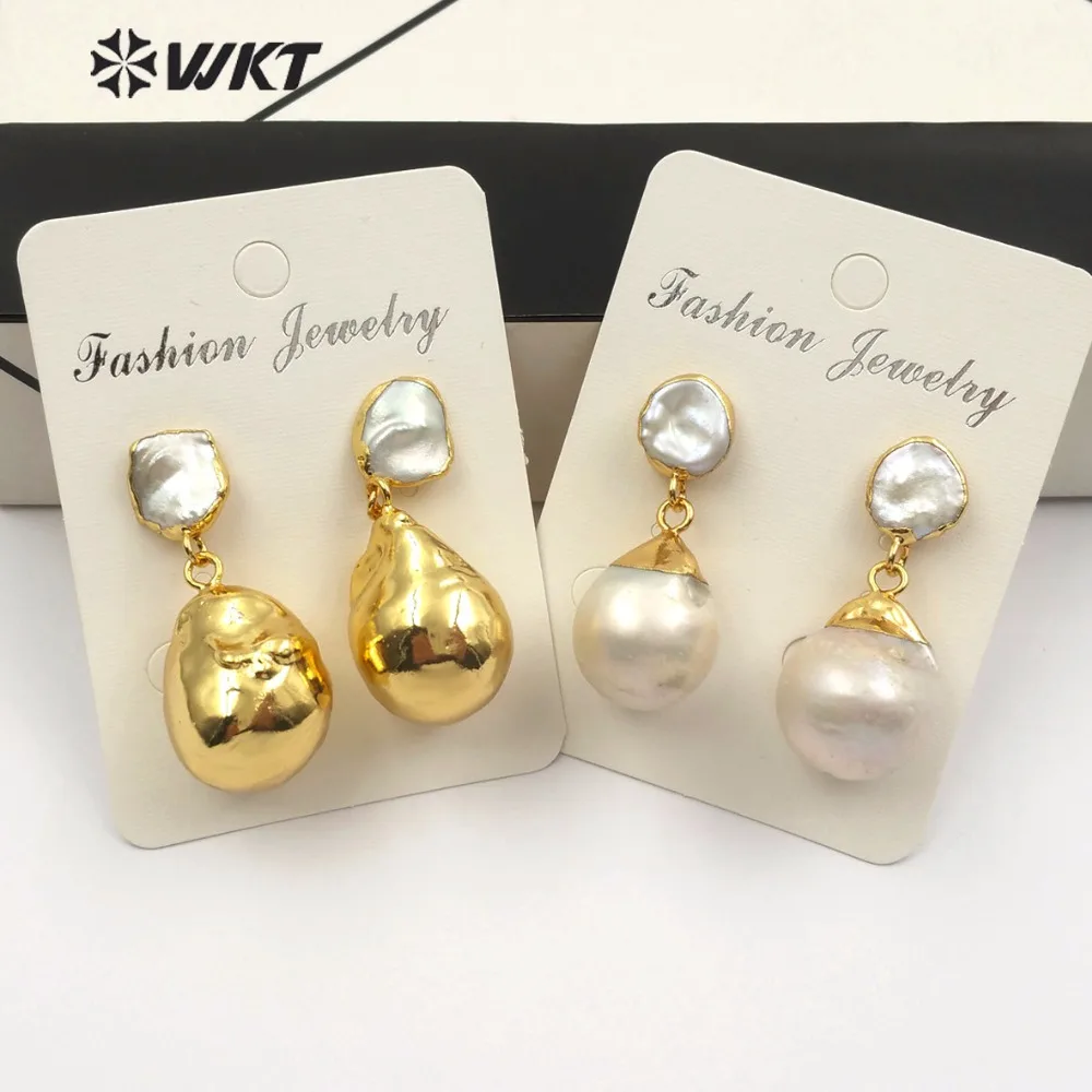 

WT-E487 WKT Wholesale natural baroque pearl earrings white and gold ladies large pearl earrings random shape size jewelry