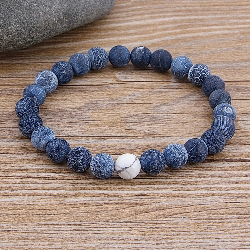 TYO-Cuenta de mármol personalizada para mujer y hombre, pulsera de cuentas de piedra Natural de Lava azul, de 8MM de ancho, joyería hecha a mano