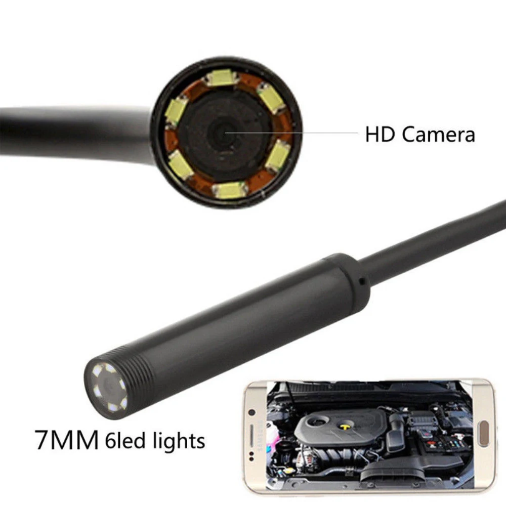 7mm Lens Car Inspection Camera Scope 6LED Borescope 5M Tube Cable HD USB Android PC 5V DC Endoscope Hard-to-reach Areas