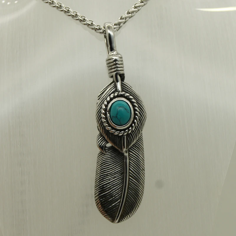 vary width chain feather blue natural stone inlayed 316L stainless steel pendant necklace