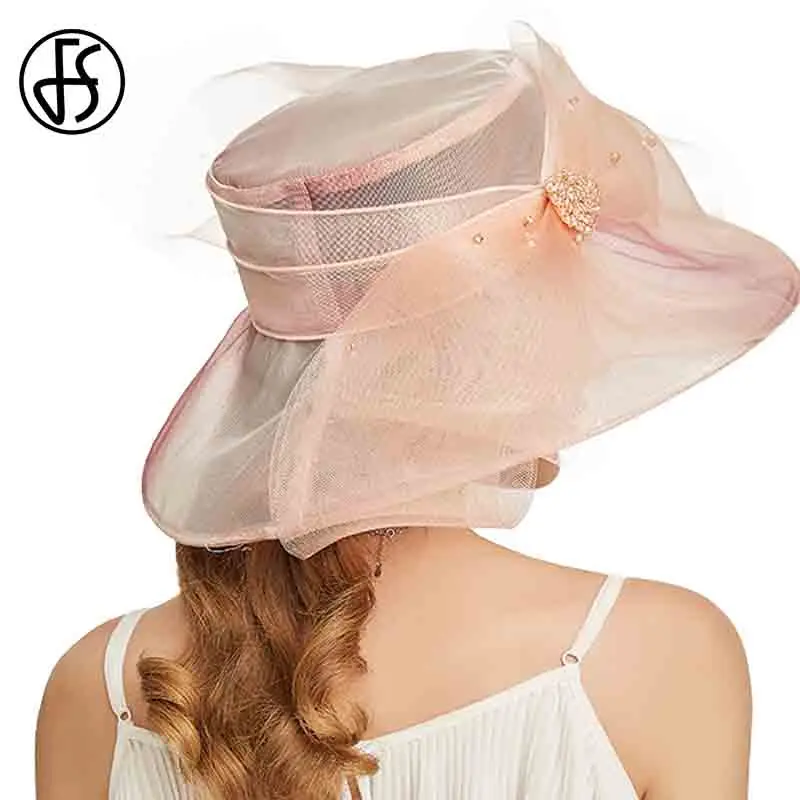 FS Beige White Organza Wide Brim Sun Hats For Women Church Hats Women Elegant Kentucky Derby Hat Ladies Big Bow Fedora