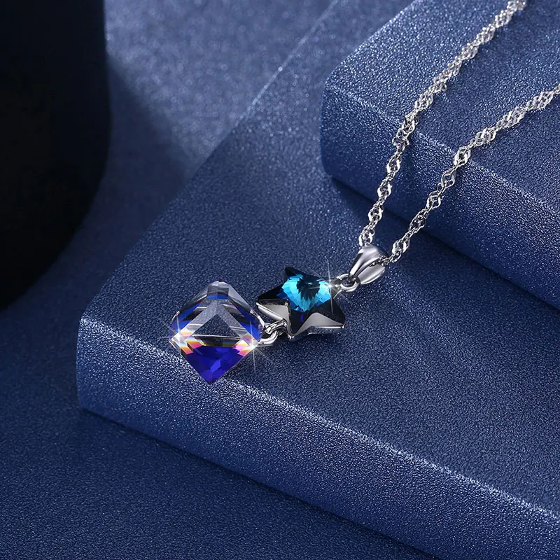 LEKANI Crystals From Austria Blue Star Cube Pendants Necklaces Fashion Real S925 Silver Chain Collares For Women Party Wedding