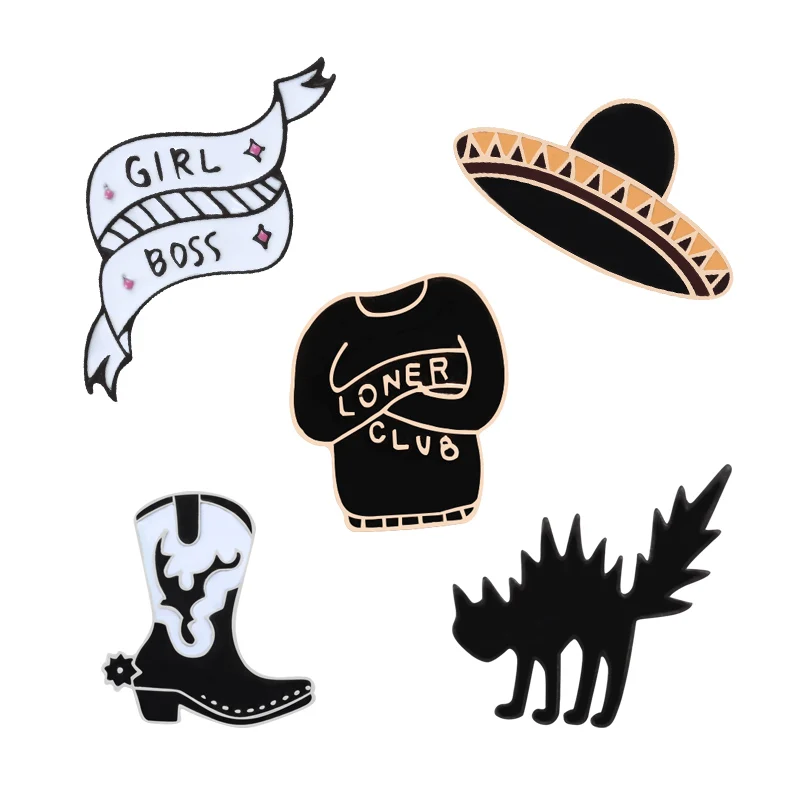 6 Stye Black Pins Hat Button Cat Boots 'Loner Club' Sweater Badge 'Girl Boss' Metal Enamel Brooches For Men Accessories Jewelry