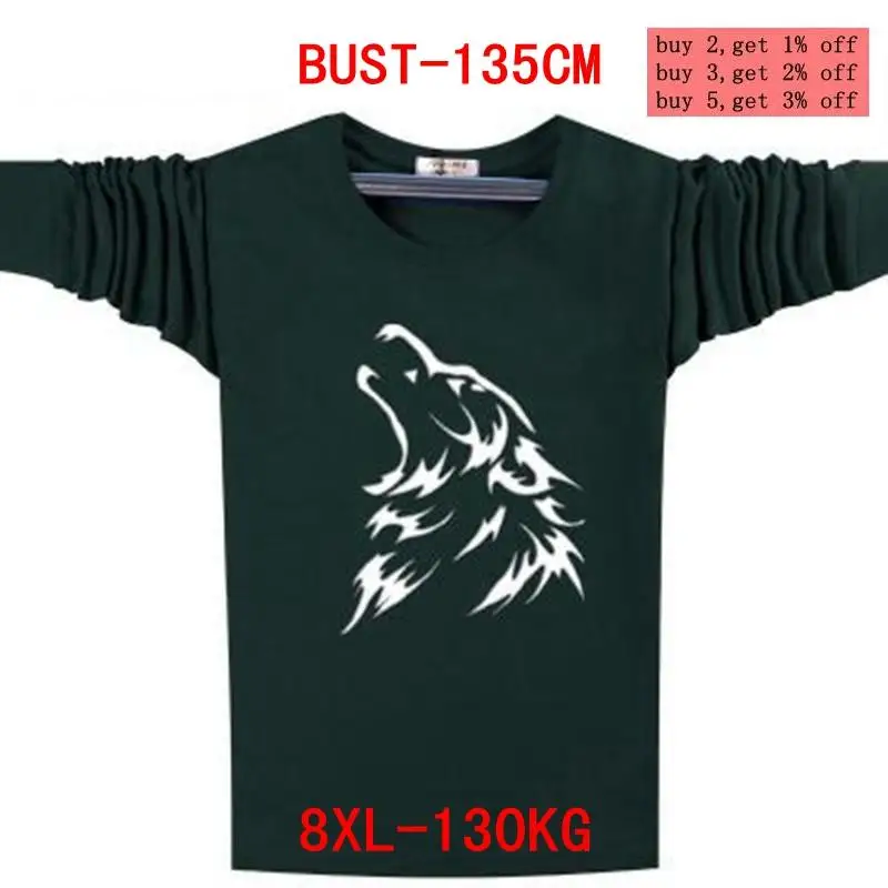 Men\'s big T-shirt large size 5XL 6XL 7XL 8XL autumn and winter long-sleeved round neck big wolf head print black gray blue