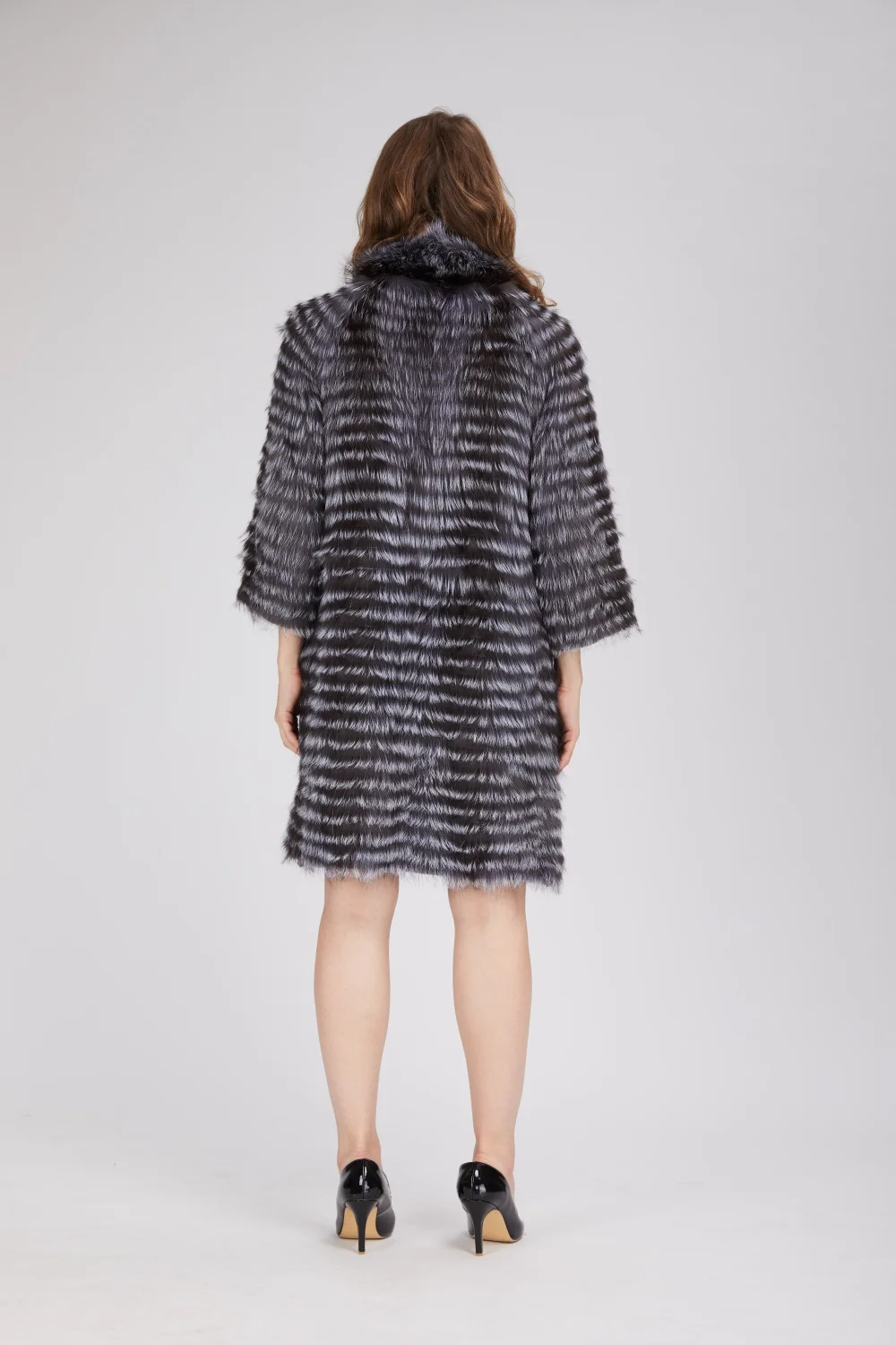 Women's Striped Real Silver Fox Fur Coat, Long Cardigen with Wool Lining, Big Size Clothes, Elegant Outwear, Spring, Lux18A09164