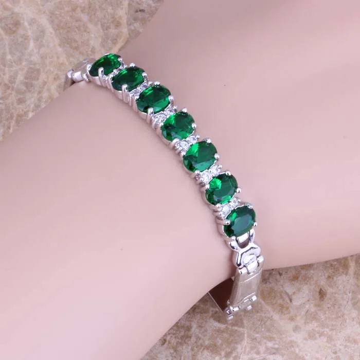Charming Green&White Cubic Zirconia Link Chain Bracelet 7 inch S0518