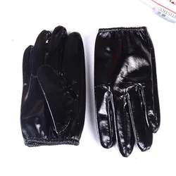 Guantes cortos de charol para hombre, 100% cuero Real, negro brillante, sin forro, retráctil, para muñeca