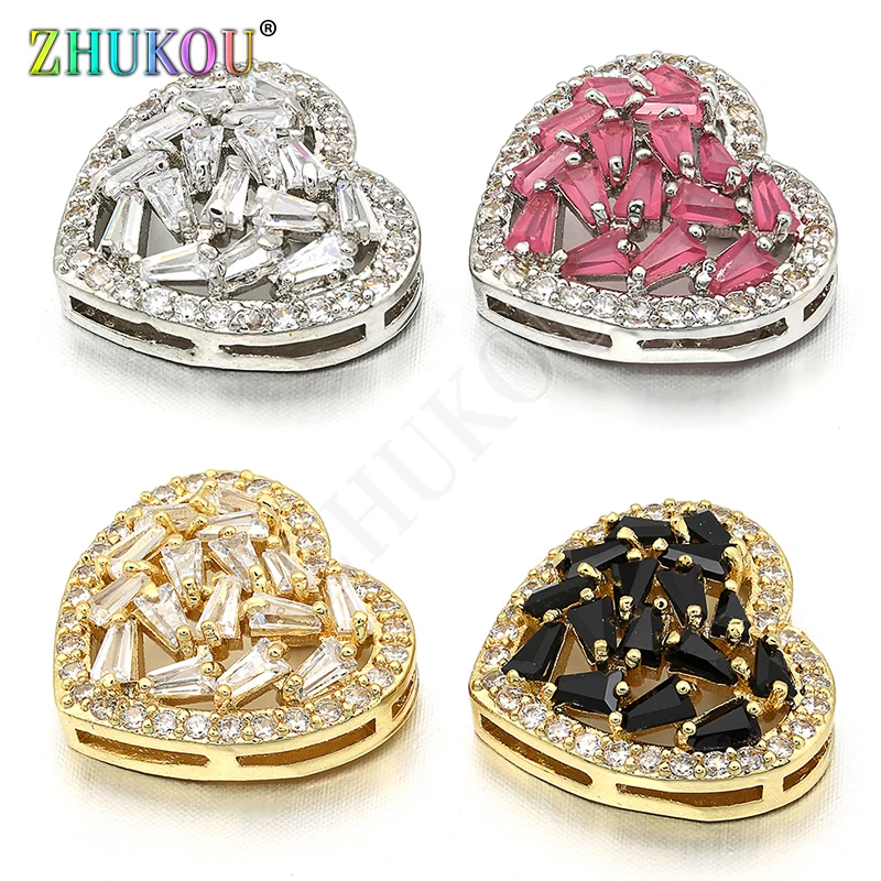 15*16mm Brass Micro Pave Cubic Zirconia Heart Charms Connectors for Diy Jewelry Findings, Mixed Color, Model: VS219