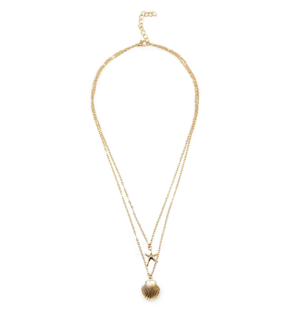 Two layers Necklace alloy diecast Shell Starfish Pendant  plated with metal chain for Women Girls Gift