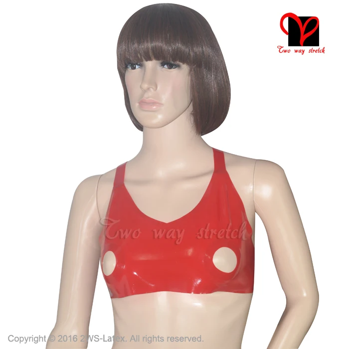 

Red Sexy Latex crop top open nipple hole Rubber bra top Lingerie Gummi bikini underclothes halter bustier breast plus NY-013