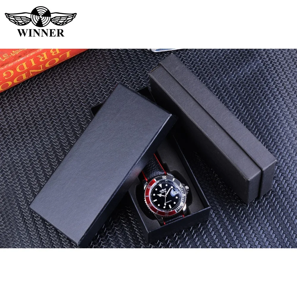 Winner 2018 Fashion Black Red Sport Watches Calendar Display Automatic Self-wind Watches for Men Luminous Hands Genuine Leather