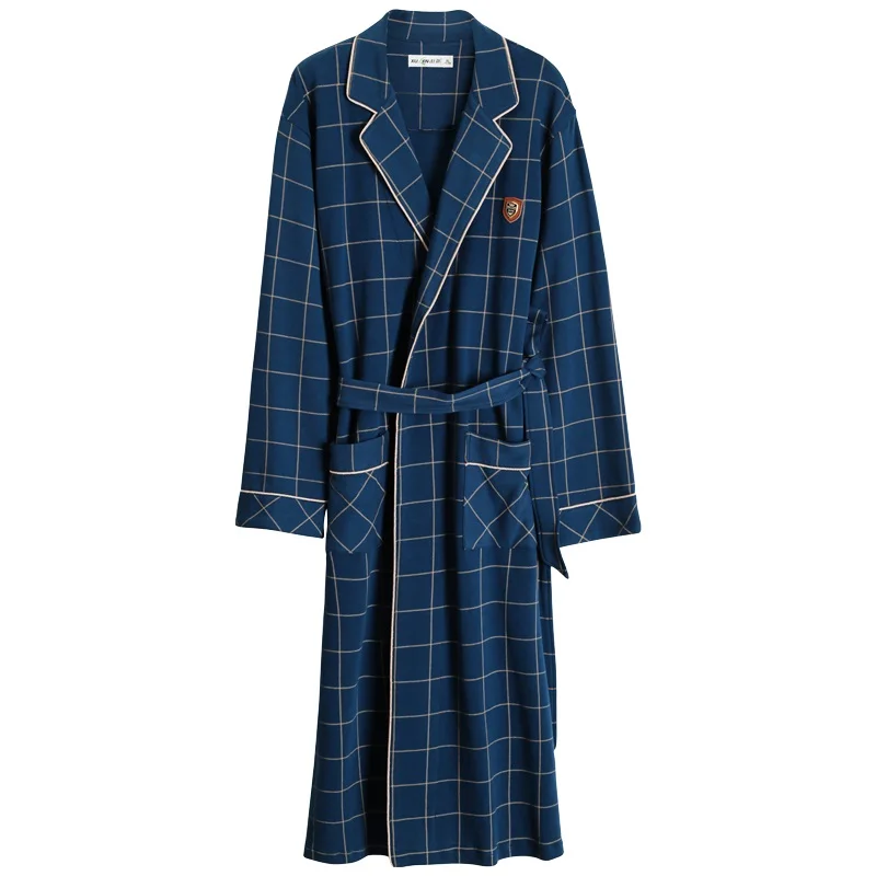 

2023 Spring Autumn Bathrobe Men 100% Cotton sleep top Kimono Robes For Male Plaid Robes Long Bath Robe Bride Robe Dressing Gown