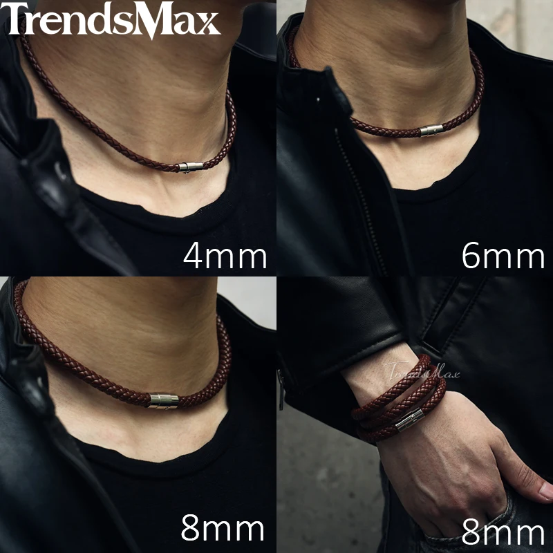 Men's Choker Necklace Black Brown Braided Leather Necklace for Men Stainless Steel Magnetic Clasp Male Jewelry Gifts UNM27A