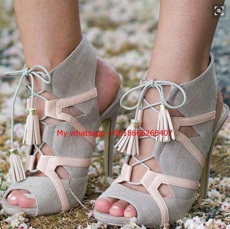 

Fashion summer sexy high heels ankle strap grey black fringe sandals party shoes for woman peep toe suede women stiletto