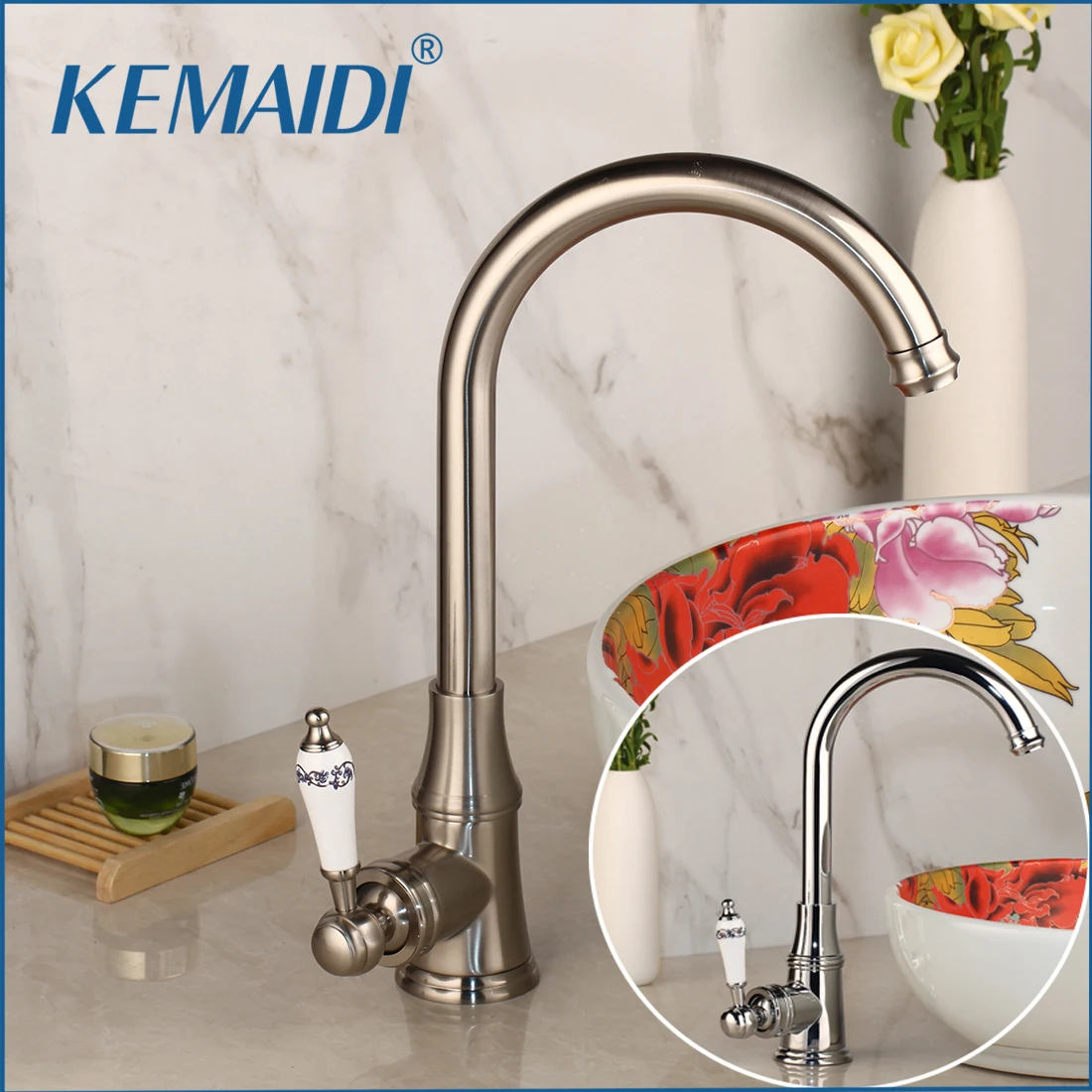 

KEMAIDI High Quality Brushed Nickel And Chrome Single-handle basin Waterfall Brass Faucets Bathroom Faucet Sink Basin Mixer Tap