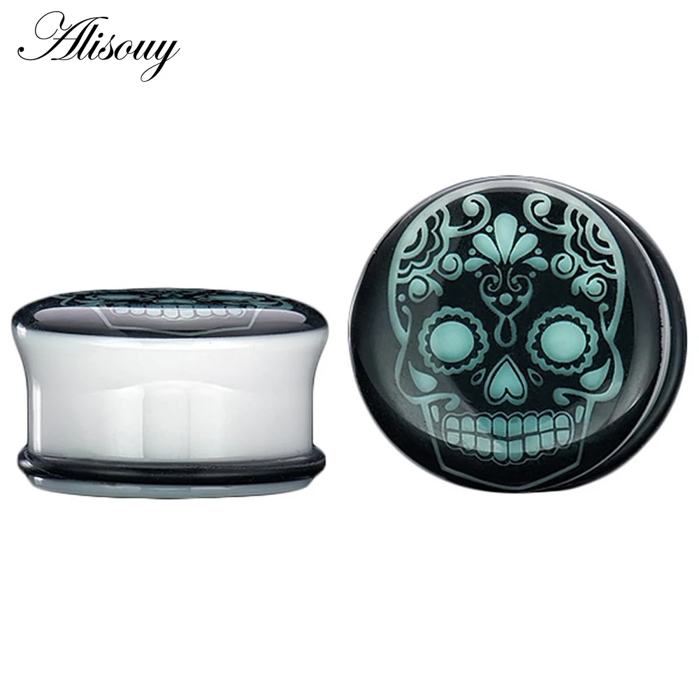 Alisouy 2 PCS Luminous Ear Tunnels Plugs and Gauges Skull Flesh Body Jewelry Ear Expander Stretching Glow In Dark 6-20mm punk