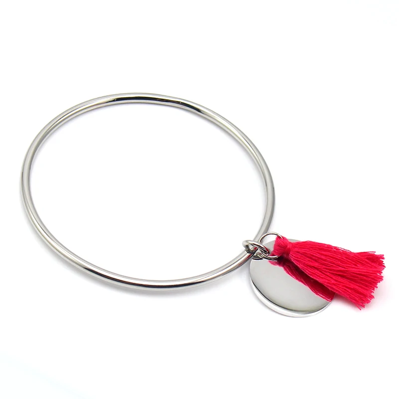 Round Pendant Cord Tassel Bangle Bracelet Stainless Steel Fashion Jewelry For Women Girls\' Gift