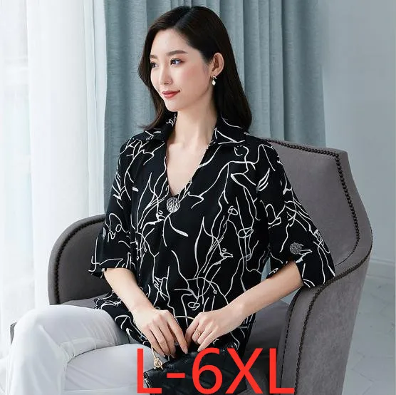 

New Summer Plus Size Tops For Women Casual Loose Large Size Print V Neck Short Sleeve Chiffon Shirt Black White 4XL 5XL 6XL
