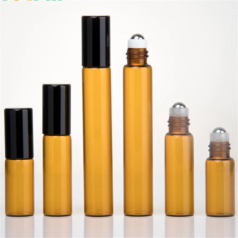 50pcs/lot 1ML 2ML 3ML 5ML 10ML Amber Roll On Roller Bottle for Essential Oils Refillable Perfume Bottle Deodorant Containers