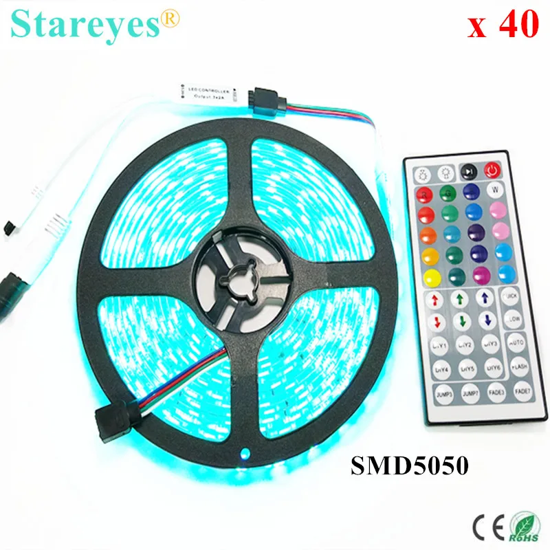 

40 Sets SMD 5050 60 LED/m DC12V RGB LED Strip 5m 300 LED LED light string tape Rope lighting LED belt +44 Key IR Remote