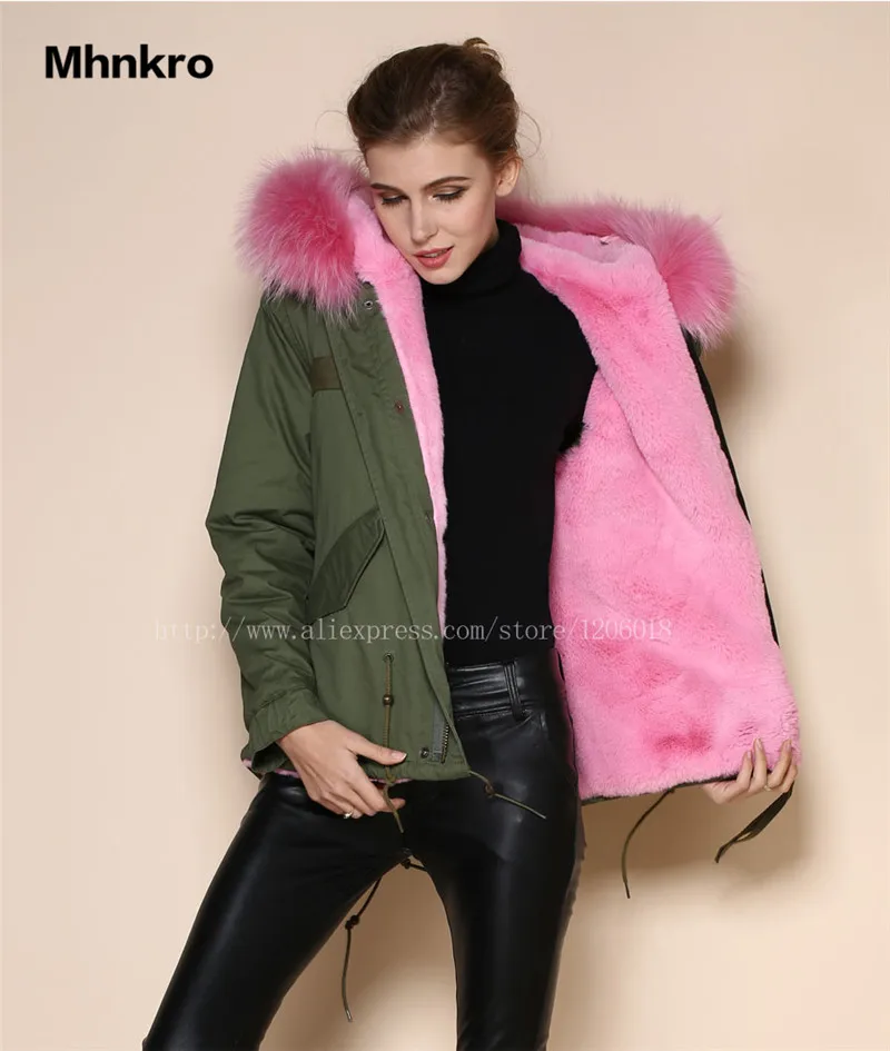 

Hot Sale Winter Warm Women Pink Faux Fur Lined Parka Raccoon Fur Collar Overcoat For Ladies