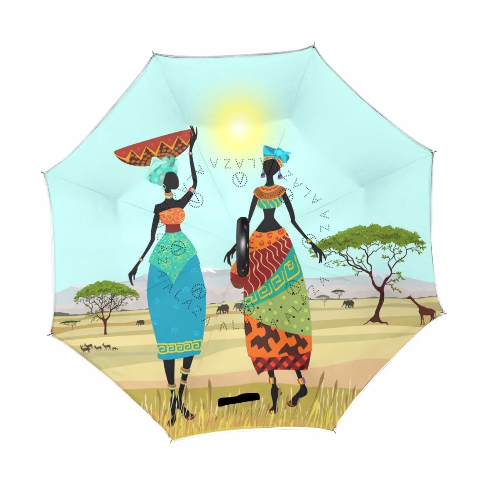 Drop Shipping African Women Windproof Reverse Double Layer Inverted Umbrellas Self Stand Rain Sun Protection C-Hook For Car