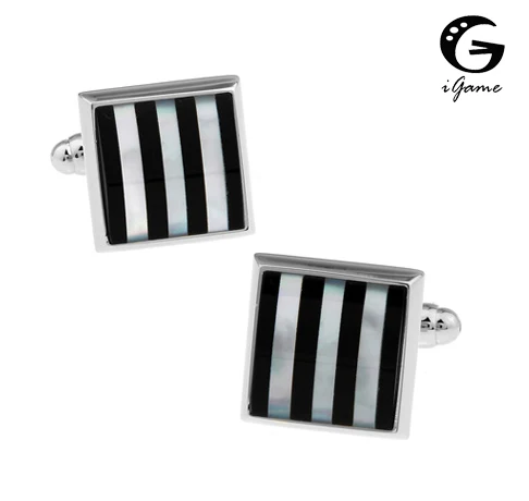 iGame Men's Shell Cuff Links Silver Color Brass Material White Stripes Design Shirt Cufflinks