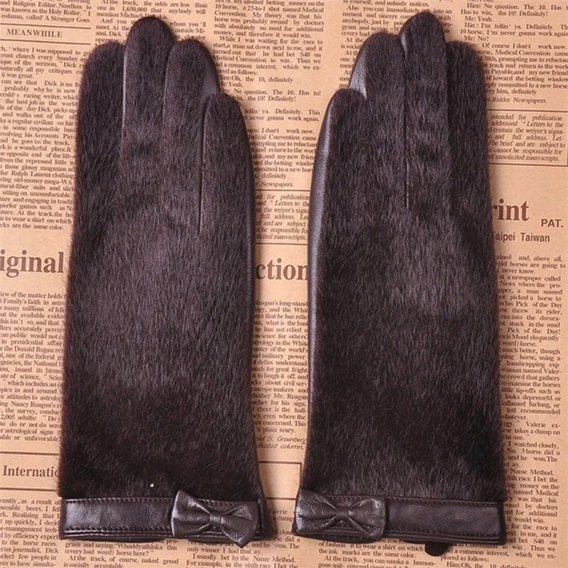 Goatskin Genuine Leather Glove Fashion Top Wrist Fur Bowknots  Women Thicken Winter Solid Sheepskin Glove Velvet Lining L152NC-5