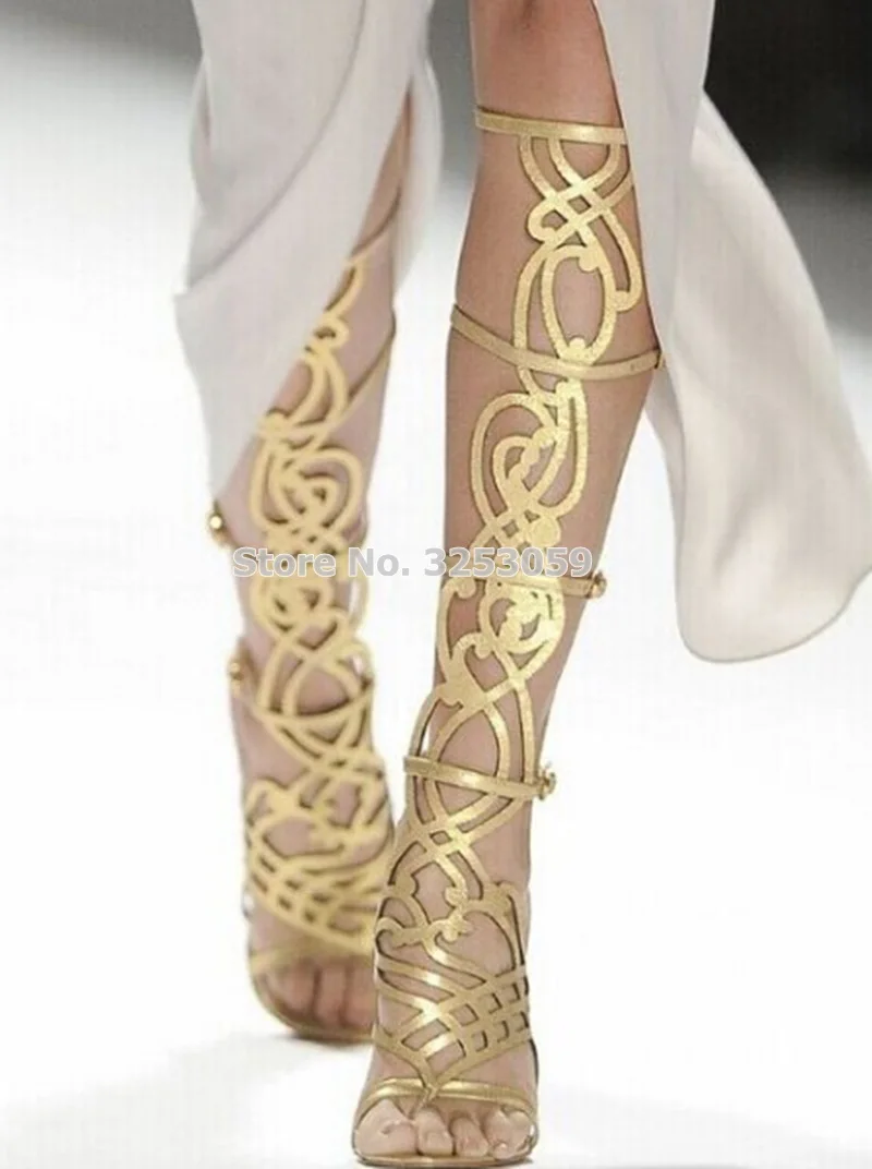 

Golden Mirror Hollow Out Women Knee High Sandal Boots Thin High Heel Best Seller Shoes Laser Cut Show Shoes Cage Dress Boots