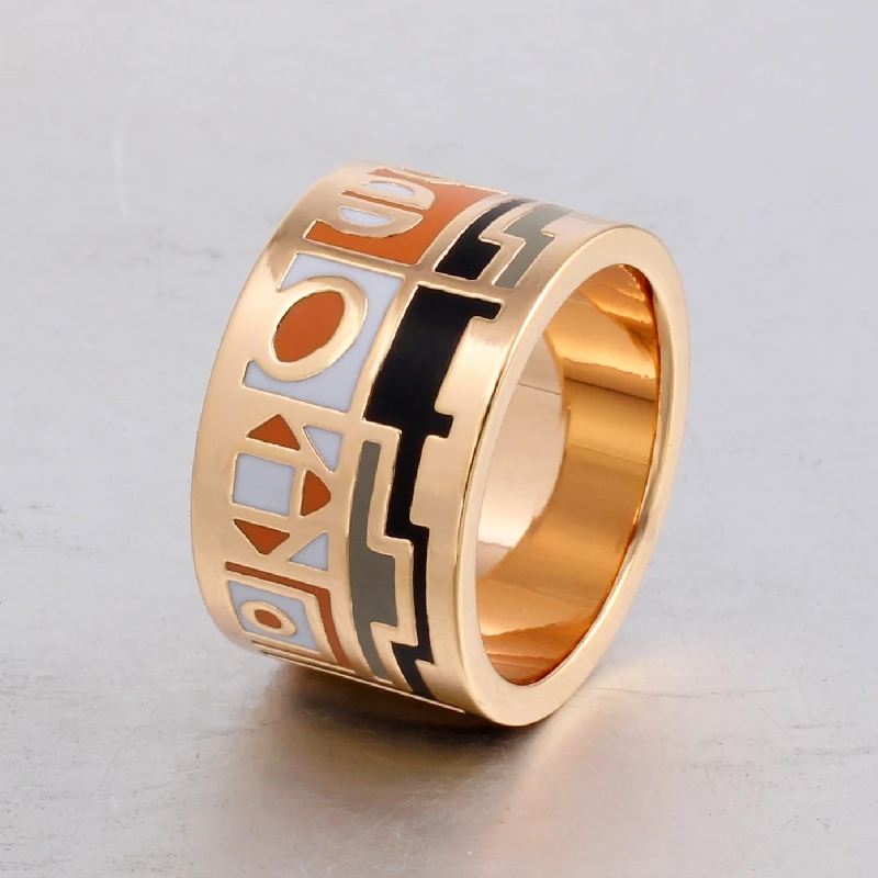 Color Culture 13mm Width Women Geometric Patterns Gold Stainless Steel Art Big Rings  Trendy Party Metal Enamel Jewelry