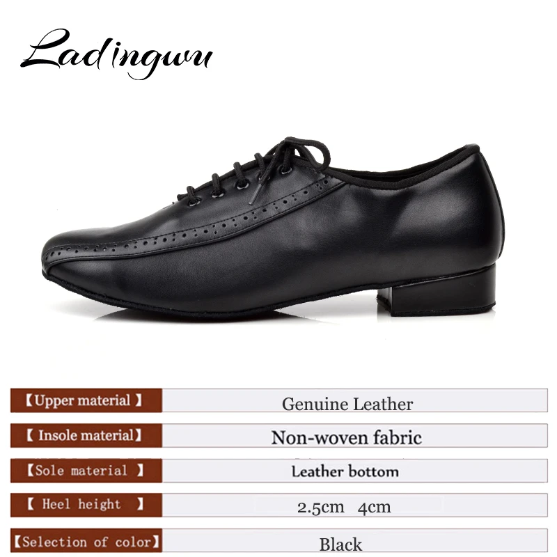 Ladingwu Men\'s Genuine Leather Dance Shoes Men Social Shoes For Ballroom dancing Soft Bottom Latin Dance Shoes Low-heeled 2.5/4c