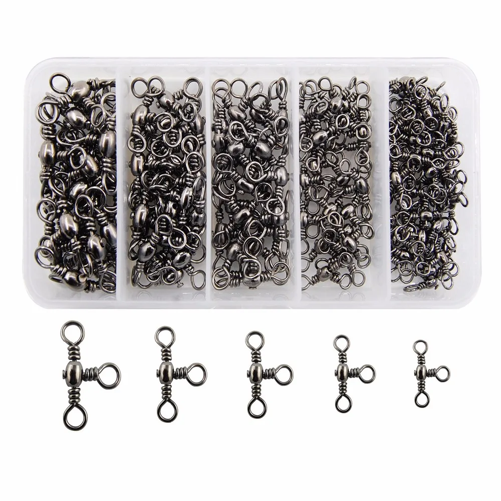 120pcs/Box Three Way Cross-Line Barrel Swivels 3 Way T-Turn Swivels Crossline Swivels Fishing Box Kit 5 Sizes